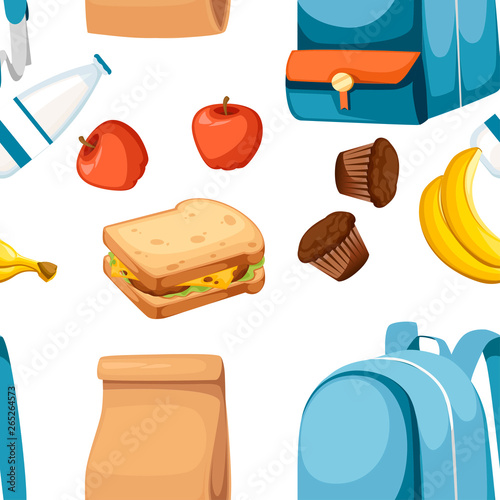 Seamless pattern. School bag and Lunch paper bag with juice, apple and sandwich. Recycle brown paper bag. Flat vector illustration on white background