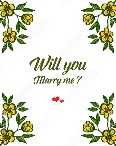 Vector illustration greeting card will you marry me for artwork yellow bouqet frame