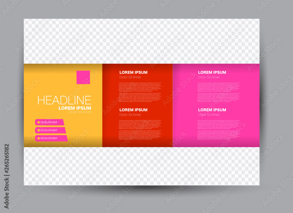 Landscape wide flyer template. Billboard banner abstract background design. Business, education, presentation, advertisement concept. Yellow, red, and pink color. Vector illustration.
