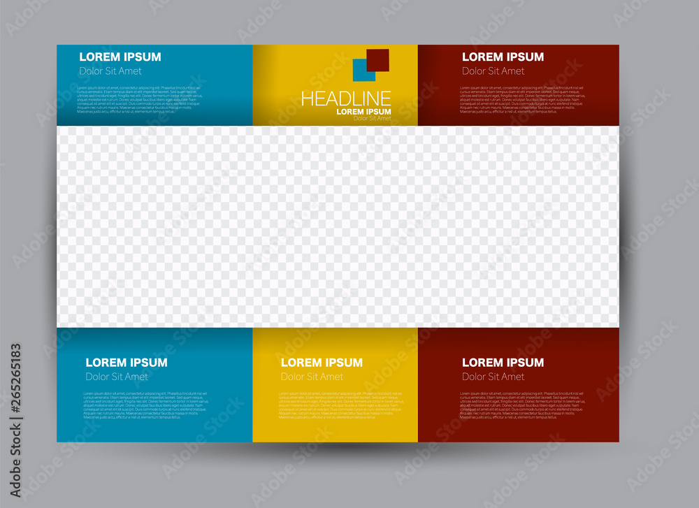Landscape wide flyer template. Billboard banner abstract background design. Business, education, presentation, advertisement concept. Blue, yellow, and red color. Vector illustration.