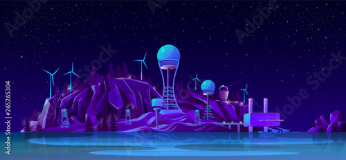 Progress in electricity generating industry, energy alternative sources, sustainable and ecological power plants cartoon vector. Tesla tower, wind turbine, hydroelectric power station illustration