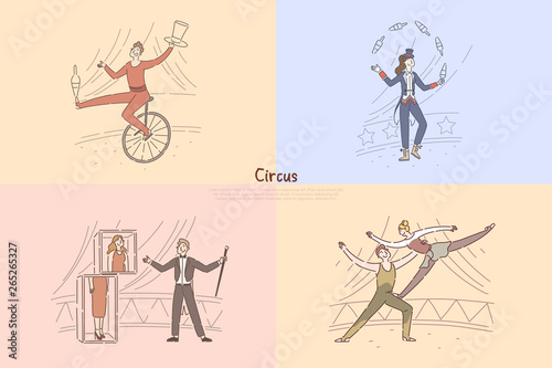 Circus performers in arena, illusionist showing magical tricks, juggler riding unicycle, acrobats exercising banner