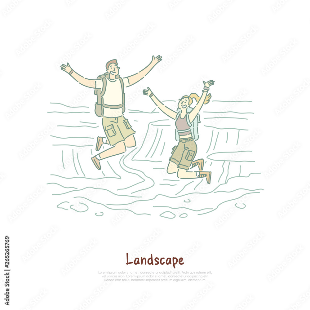 Man and woman with backpacks, happy tourists jump, camping holiday, journey to canyon, hiking travel banner Man and woman with backpacks, happy tourists jump, camping holiday, journey to canyon, hiking travel banner