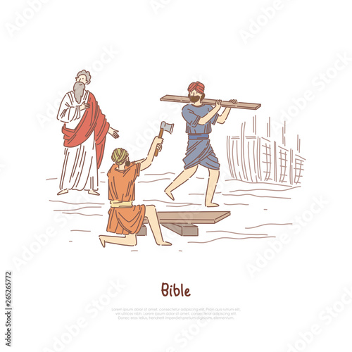 Noah building ark myth, legend, Bible story plot, saint biblical characters, people constructing ship banner template