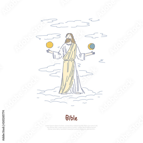 World creation myth, God holding sun and moon, legend and mythology book, religion and faith banner template