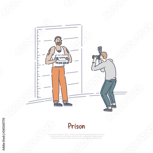 Prisoner posing for police mugshot, policeman taking suspect photo, sentenced, arrested man banner template