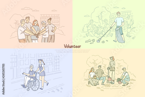 Volunteer group, social workers planting trees, cleaning park area, caregivers helping senior people banner template
