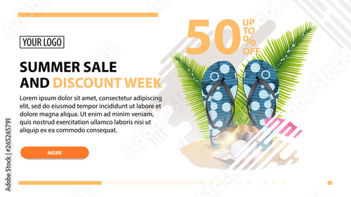 Summer sale and discount week, white web banner in modern style for your website with flip flops, pearl and palm leaves