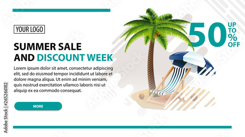Summer sale and discount week, white web banner in modern style for your website with palm tree, beach chair and beach umbrella