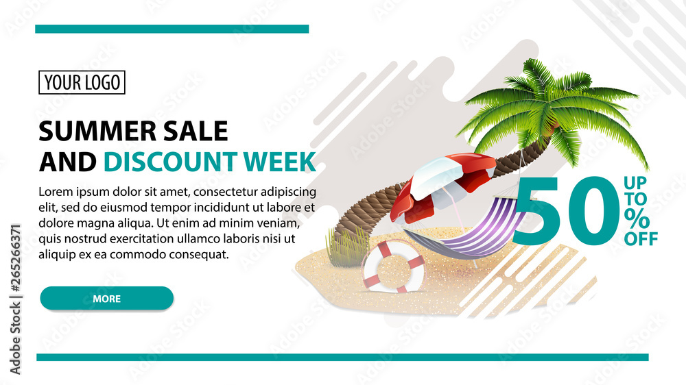 Summer sale and discount week, white web banner in modern style for your website with palm tree, hammock and beach umbrella