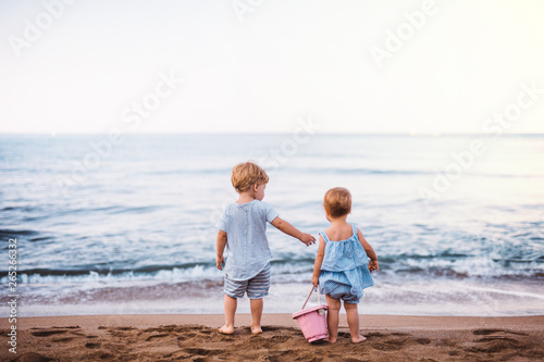 Foto Rear view of two toddler children playing on sand beach on summer holiday