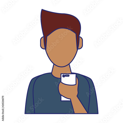 man using cellphone blue lines