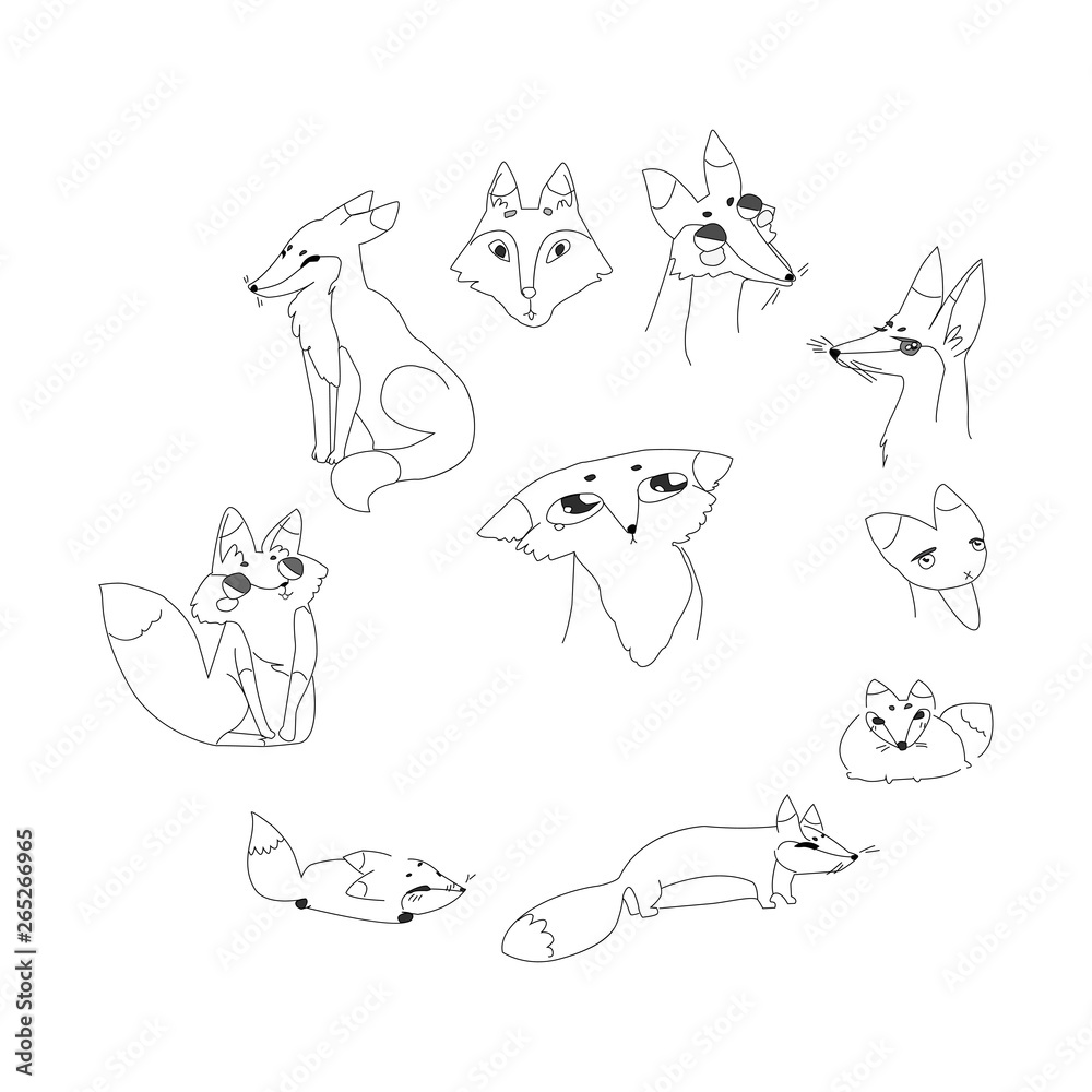 cute cartoon foxes set. black and white vector illustration