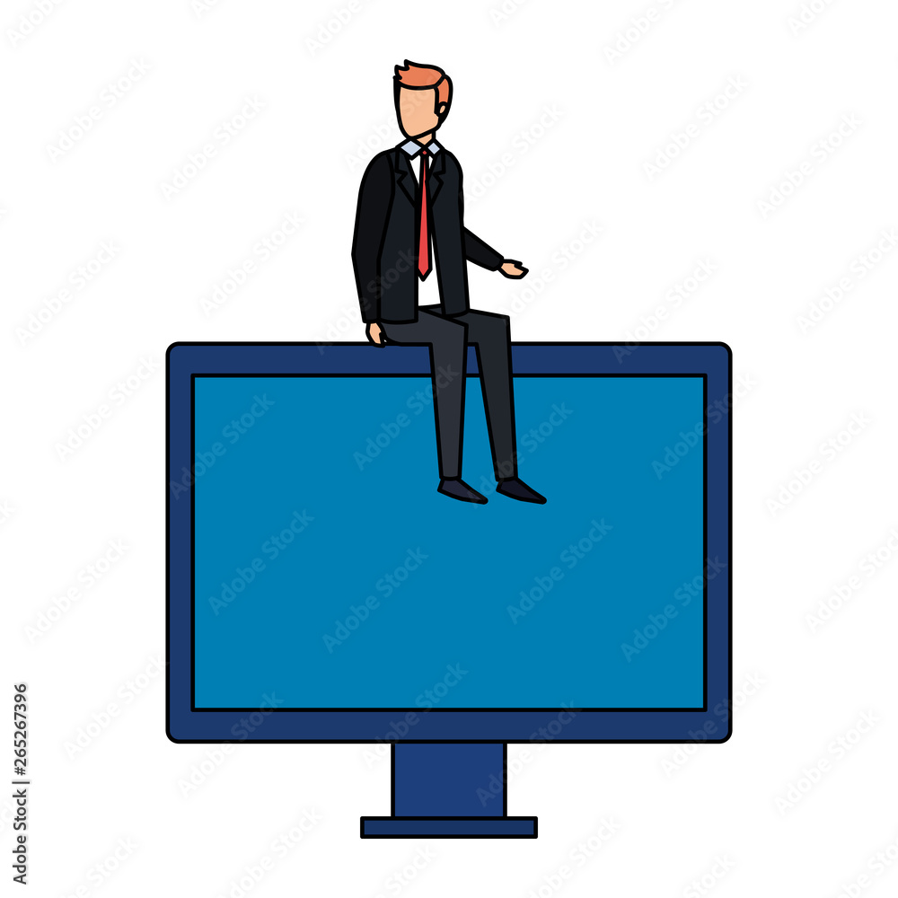 elegant businessman sitting in computer display elegant businessman sitting in computer display