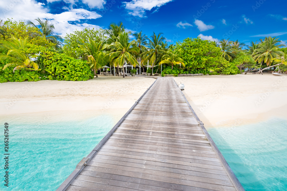 Amazing beach scene, long jetty into the palm trees. Maldives, paradise beach background, design banner. Luxury tourism travel destination concept