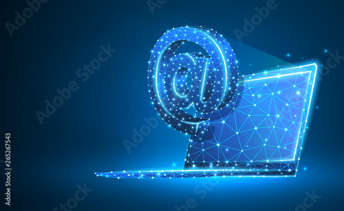 Internet AT symbol on notebook screen. Devices, email, connection, communication concept. Abstract, digital, wireframe, low poly mesh, vector blue neon 3d illustration. Triangle, line, dot, star