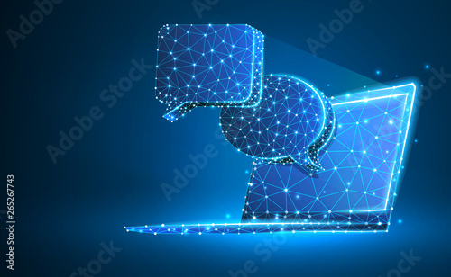 Chat clouds on notebook screen. Device, communication, dialog, text bubble concept. Abstract, digital, wireframe, low poly mesh, Raster blue neon 3d illustration. Triangle, line, dot, star