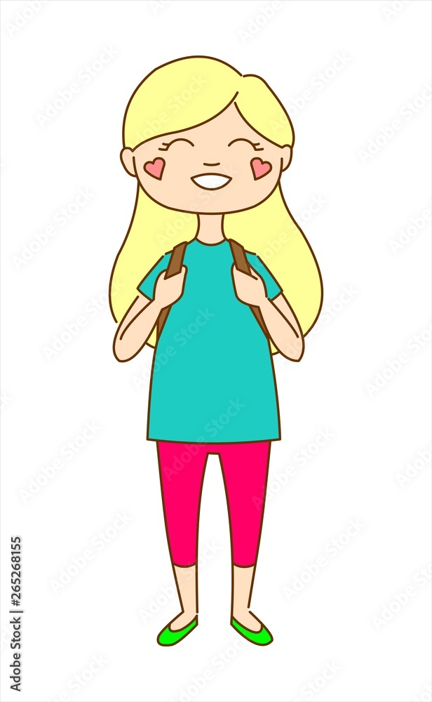 A girl with a backpack is standing and smiling. Schoolgirl. Rosy cheeks. Hearts on cheeks. A girl with a backpack is standing and smiling. Schoolgirl. Rosy cheeks. Hearts on cheeks.
