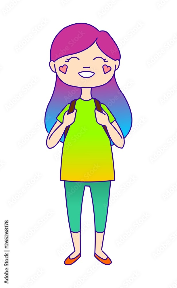 A girl with a backpack is standing and smiling. Schoolgirl. Rosy cheeks. Hearts on cheeks. A girl with a backpack is standing and smiling. Schoolgirl. Rosy cheeks. Hearts on cheeks.