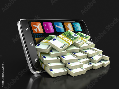 Touchscreen smartphone with pile of euros. Image with clipping path.