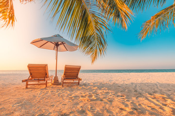 Beautiful tropical beach banner. White sand and coco palms travel tourism wide panorama background concept. Amazing beach landscape