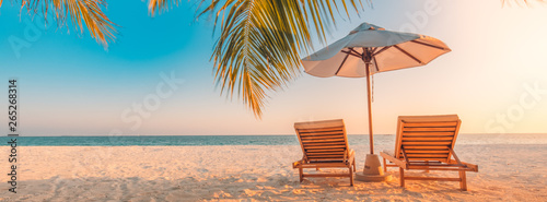 Beautiful tropical beach banner. White sand and coco palms travel tourism wide panorama background concept. Amazing beach landscape © icemanphotos