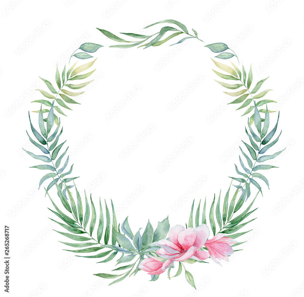 Tropical watercolor flowers and leaves. Exotic wreath isolated on white background. Tropical watercolor flowers and leaves. Exotic wreath isolated on white background.