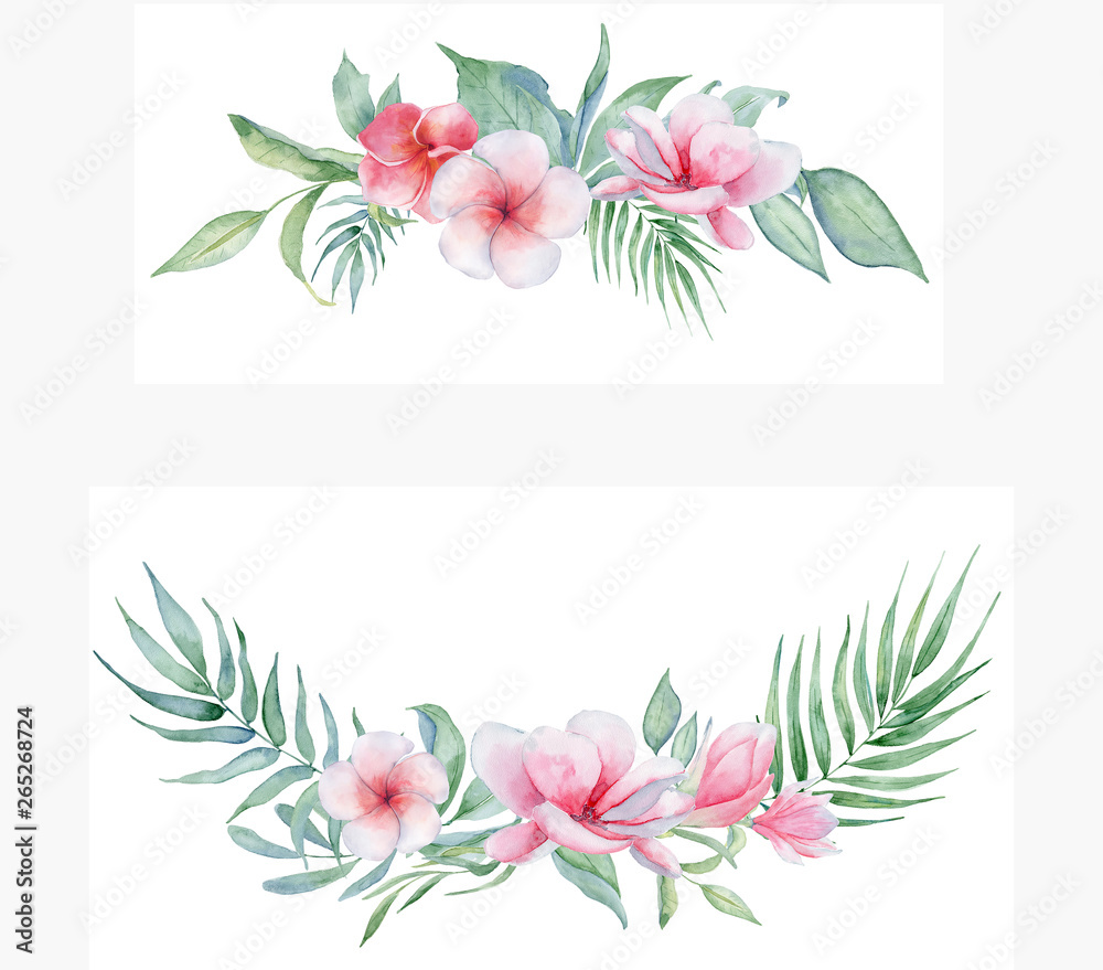 Tropical watercolor flowers and leaves. Exotic wreath isolated on white background. 