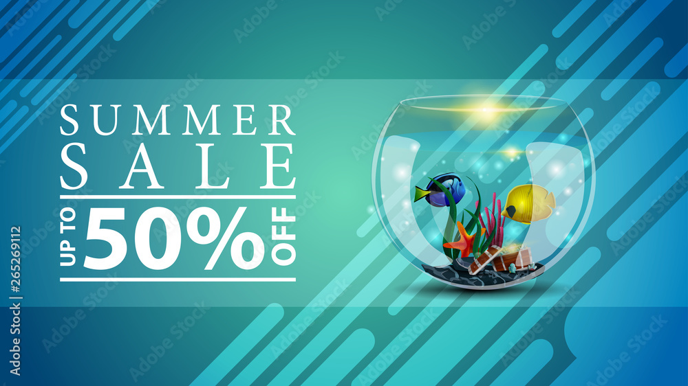 Fototapeta premium Summer sale, discount web banner for your site in a modern style with round aquarium with fish