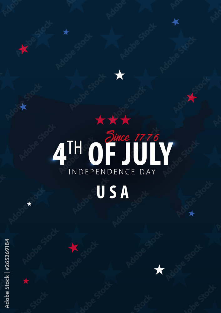 4th of July. USA independence day celebration banner with map of USA on the background. Vector illustration.