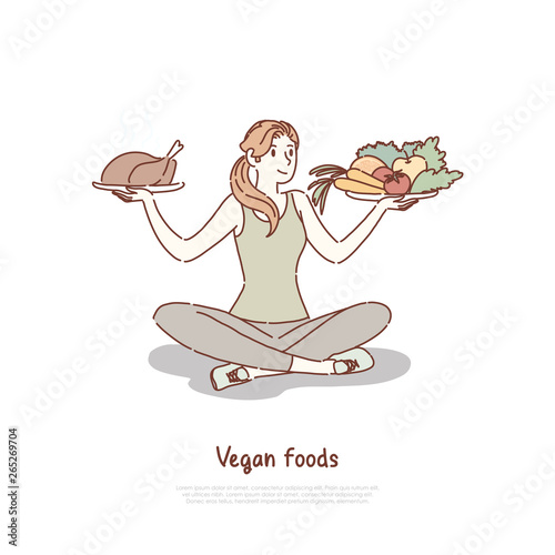 Woman choosing between veggies salad and junk food, healthy and unhealthy eating, vegetables, fast food meal banner