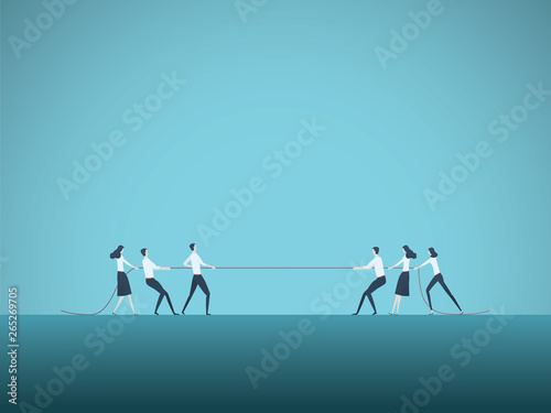 Business competition vector concept with teams in tug of war pulling rope. Symbol of competitive fight, struggle, challenge for leadership.