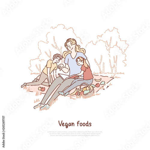 Mother with kids having picnic, mom with son and daughter eating fruits on nature, babysitter reading children book banner