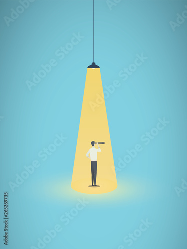 Business recruitment and headhunting vector concept with businessman in spotlight. Symbol of visionary, career opportunity, searching for exceptional talent individual.