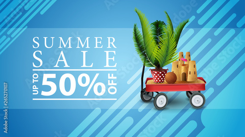 Summer sale, discount web banner for your site in a modern style with garden cart with sand, sand castle and potted palm