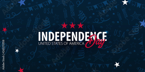 4th of July. USA independence day celebration banner. Hand draw doodle background. Vector illustration.