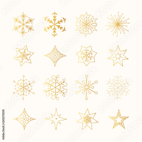 Set of hand drawn golden christmas snowflakes and winter stars. Gold vector elements for gift cards, invitation. 