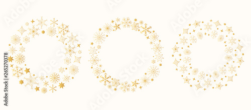 Set of hand drawn golden snowflakes and stars christmas frames. Vector xmas gold wreath for gift cards, winter holiday invitations. 