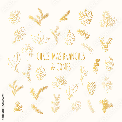 Big set of hand drawn golden pine, spruce, fir tree branches and cones. Gold winter plants, mistletoe and holly for Christmas decoration. Vector isolated holiday design elements.