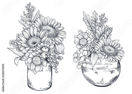 Bouquets with hand drawn flowers and plants in vases jars.
