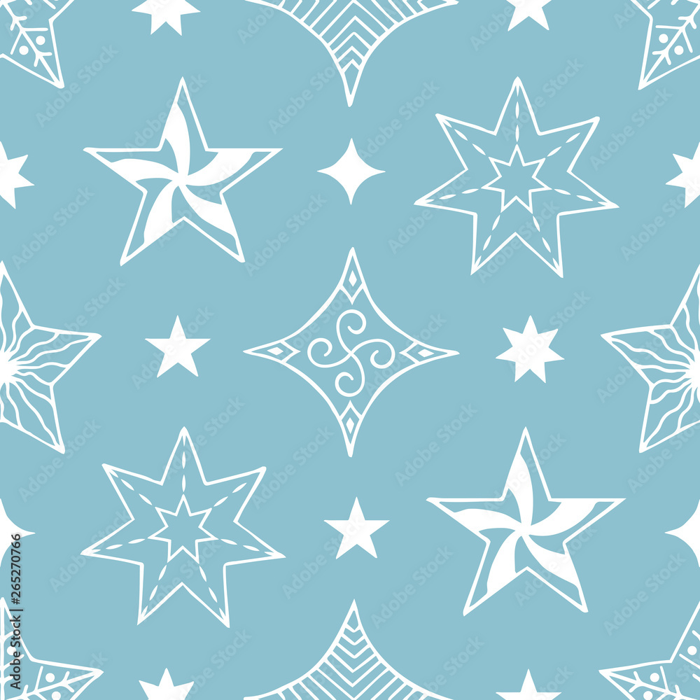 Obraz premium Hand drawn festive stars seamless pattern. Christmas decoration with glitter elements. Vector holiday gift wrapper. Fancy background. 