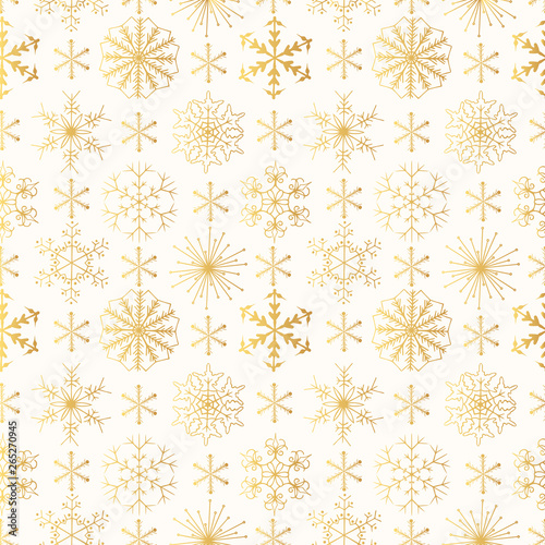 Hand drawn festive golden snowflakes seamless pattern. Christmas decoration with glitter elements. Vector holiday gift gold wrapper fancy background. 