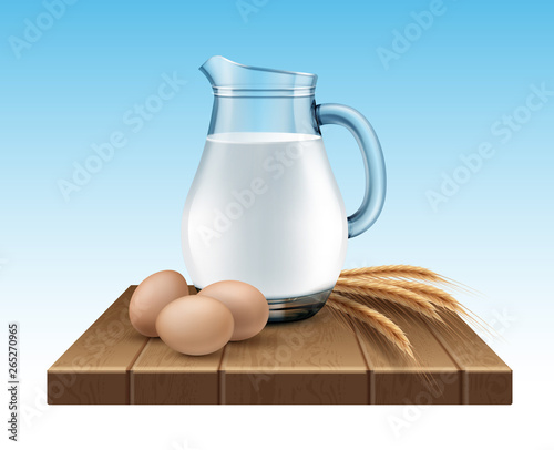 Vector illustration of glass jug of milk with wheat ears and eggs on wooden stand on background