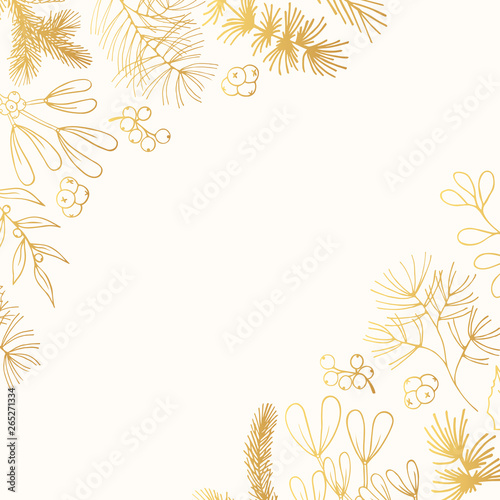 Hand drawn fir with cone, mistletoe and holly frame. Christmas holiday coniferous background with pine, cedar branches for invitation card. Vector isolated xmas design floral elements.