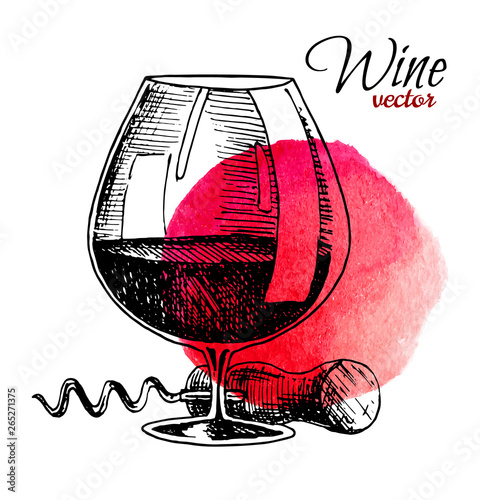 Glass of wine and corkscrew. Black vintage engraved vector illustration isolated with watercolor background. For label, poster and web.