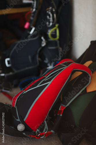 Modern sports parachute packed before jumping close-up. Parachute equipment.