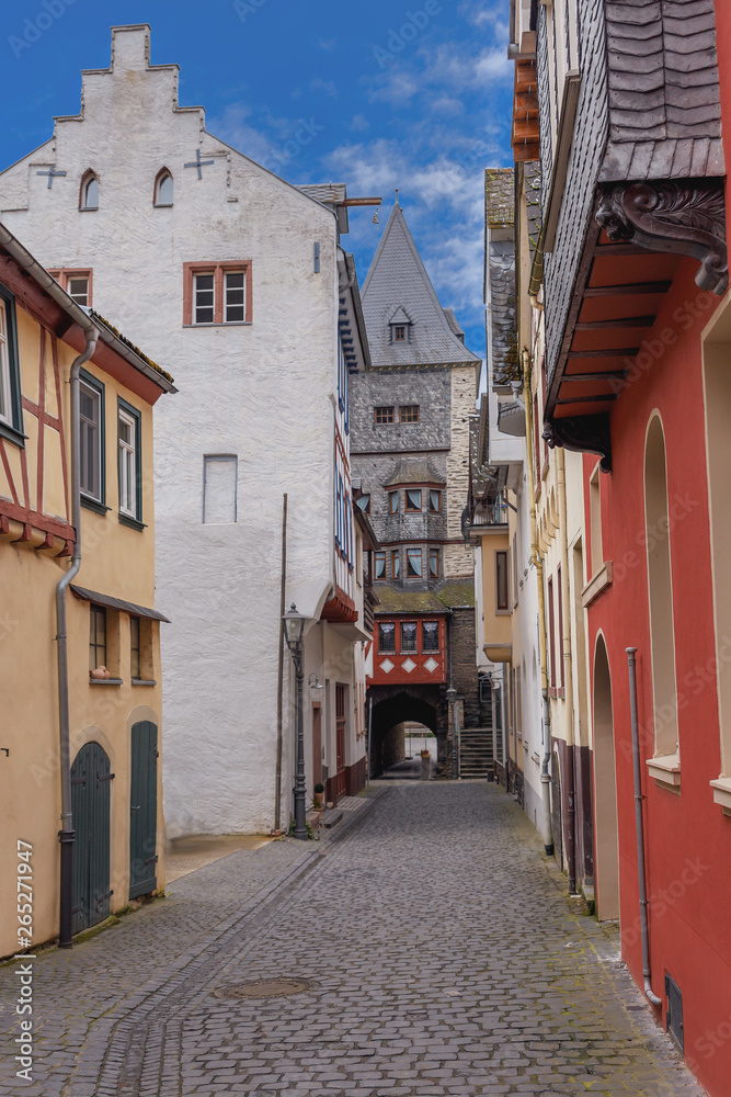 narrow cobbled street in the old part old German town of Bacharach