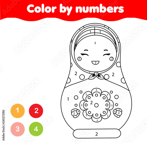 Coloring page for kids. Educational children game. Color by numbers. Easter theme activity. Russian matreshka doll