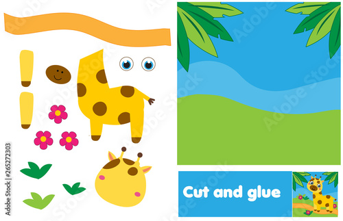 Cut and paste children educational game. Paper cutting activity. Make african scene with giraffe with glue and scissors. DIY worksheet.