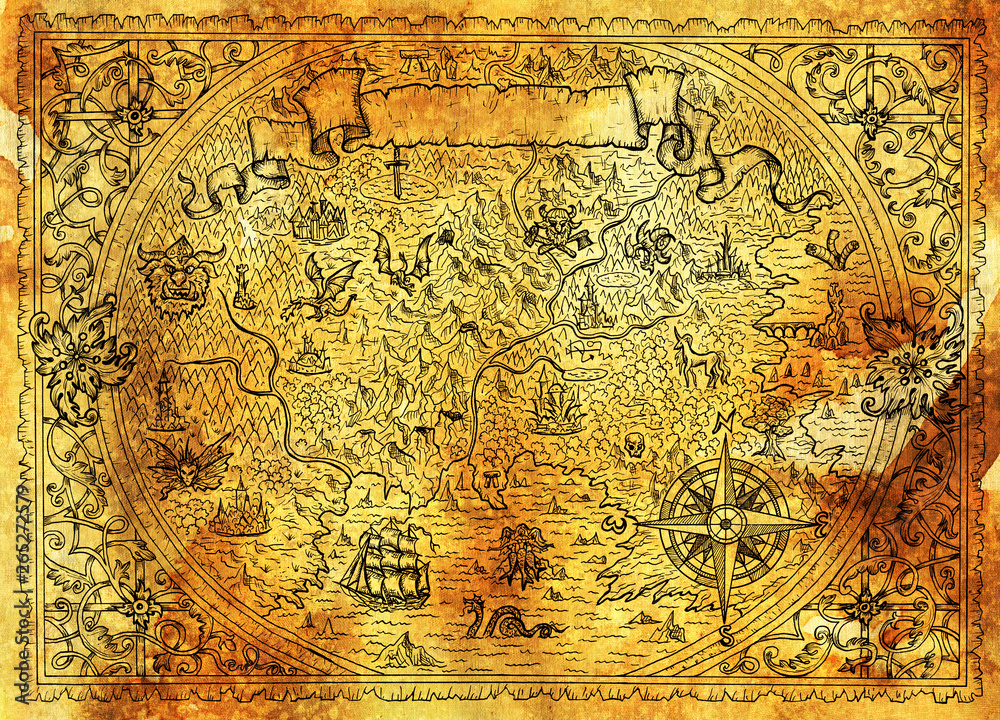 Obraz premium Golden map of fantasy world with dragon, pirate ship, mermaid, elf, goblin on blue.